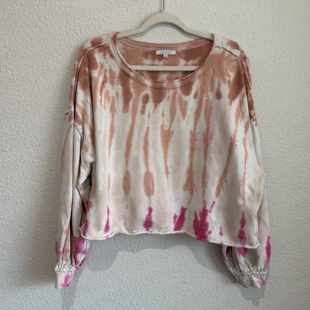 Z Supply Womens Large Pink White Tie Dye Cropped Sweatshirt Loungewear Boho